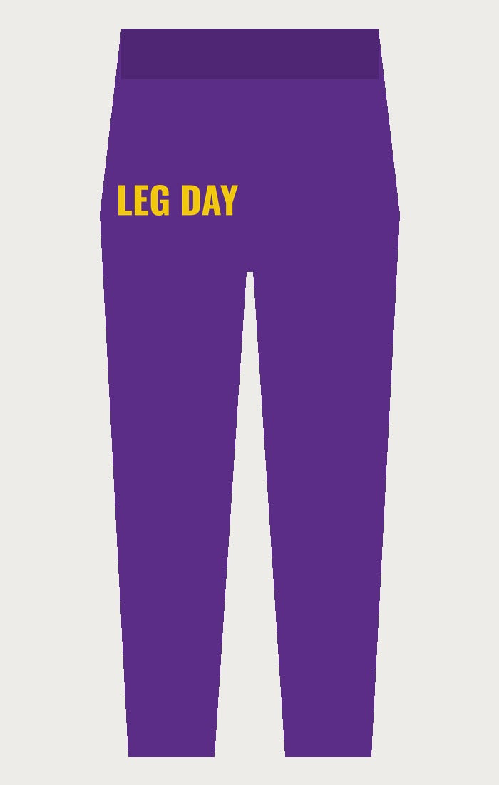 LEG DAY legging paars met middelgroot geel LEG DAY-logo