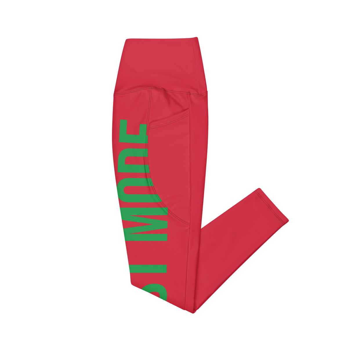 BEAST MODE Legging – Rood/Groen – productfoto detail, BEAST MODE all-over geprint