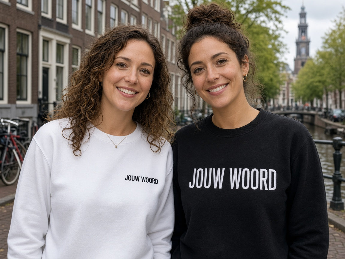 Twee vrouwen in HUMEURIG EIGEN WOORD sweaters: klein woord op de borst en groot woord (dames)