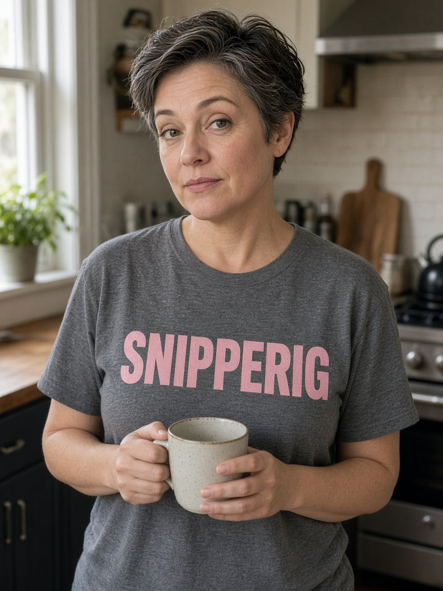 SNIPPERIG T-shirt dames donkergrijs – model draagt HUMEURIG