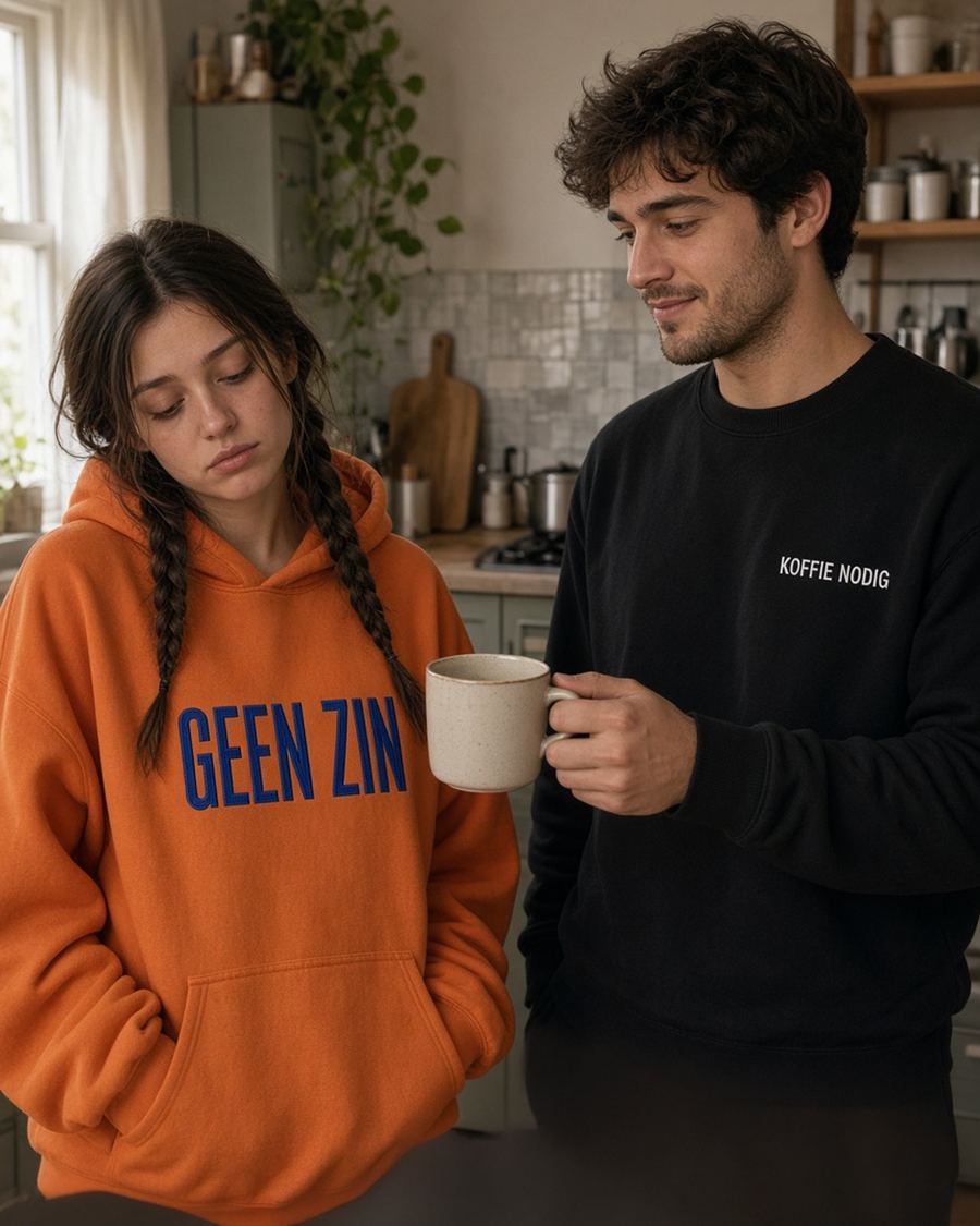 Model draagt de HUMEURIG GEEN ZIN Hoodie in Oranje/Royal met het woord GEEN ZIN geborduurd (dames)