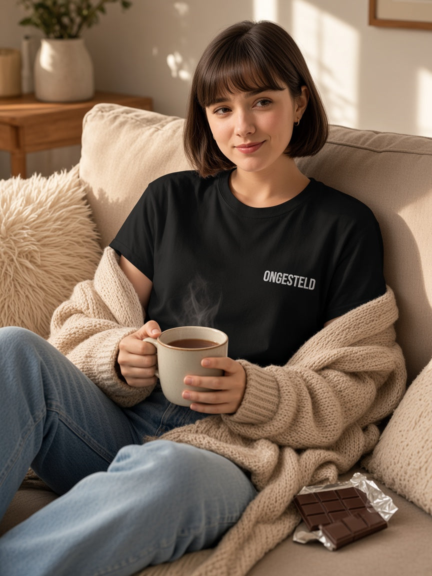 Model draagt de HUMEURIG ONGESTELD Crop Top in Zwart met het woord ONGESTELD geborduurd