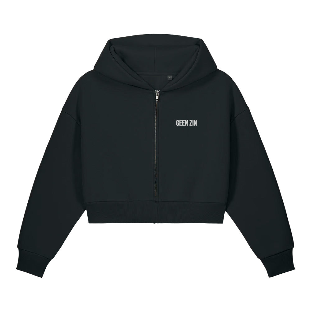 GEEN ZIN Zip Hoodie – Zwart – productfoto voorkant, GEEN ZIN geborduurd