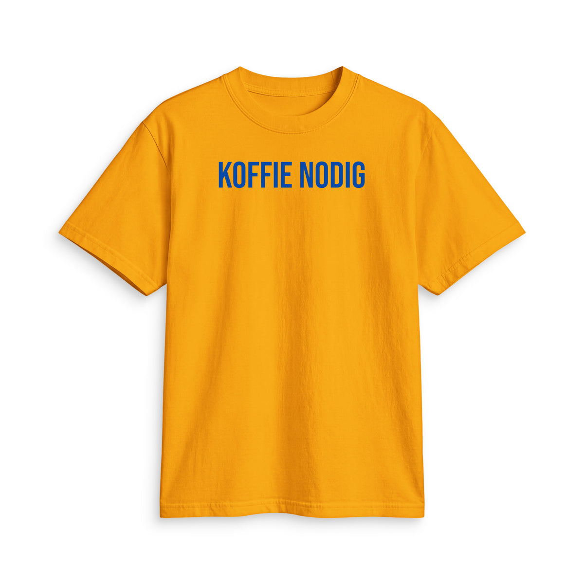 KOFFIE NODIG Tee – Oranje/Royal – productfoto voorkant, KOFFIE NODIG bedrukt