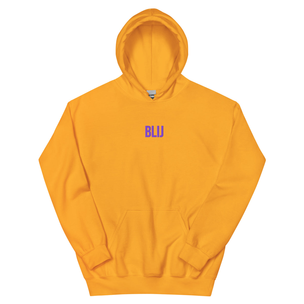 BLIJ Hoodie – Goud/Paars – productfoto voorkant, BLIJ geborduurd