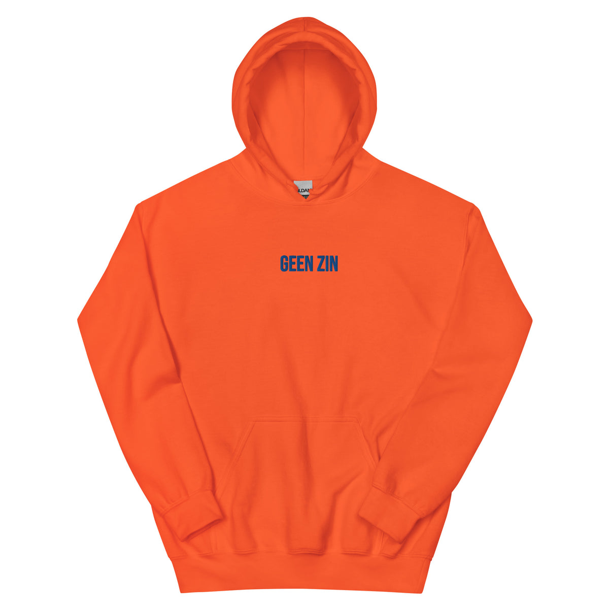 GEEN ZIN Hoodie – Oranje/Royal – productfoto voorkant, GEEN ZIN geborduurd