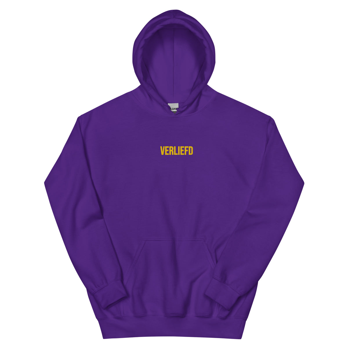 VERLIEFD Hoodie – Paars/Goud – productfoto voorkant, VERLIEFD geborduurd