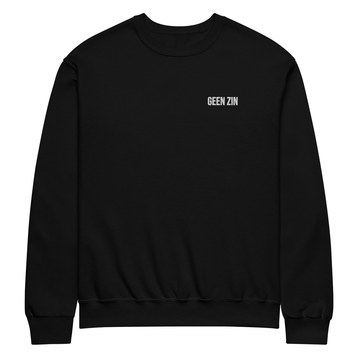 GEEN ZIN Sweater – Zwart (klein borduursel) – productfoto voorkant, GEEN ZIN geborduurd