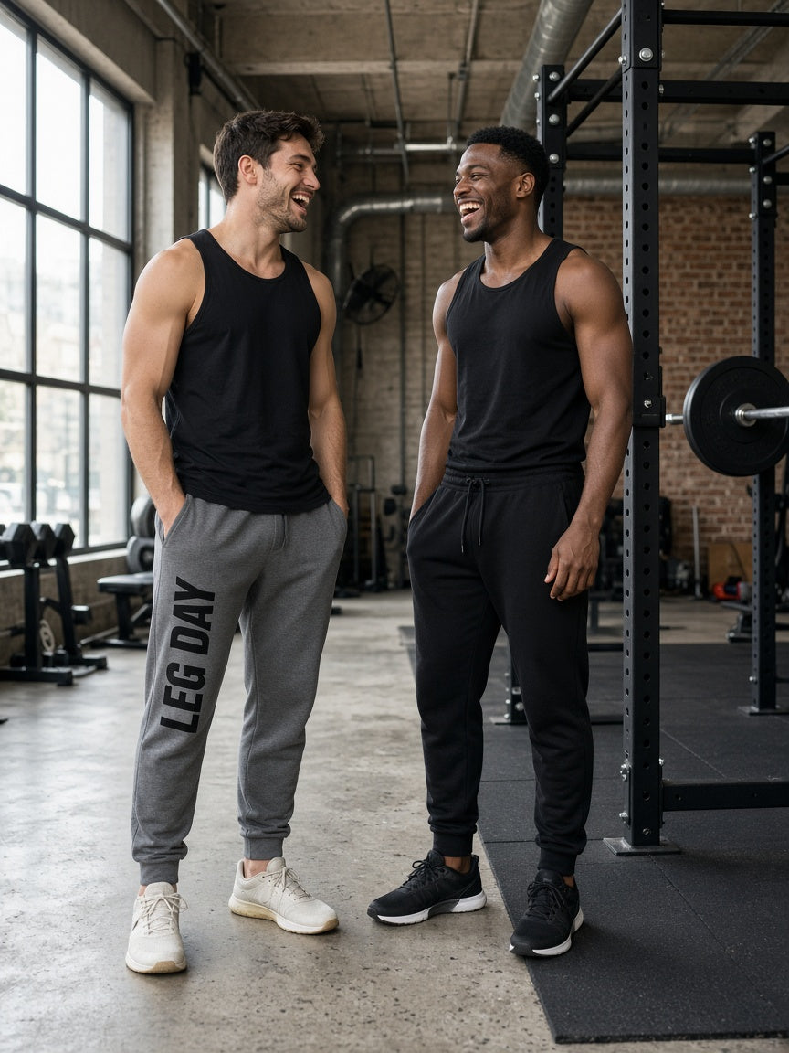 Model draagt de HUMEURIG LEG DAY Jogger, volledig gekleed met hoodie of shirt