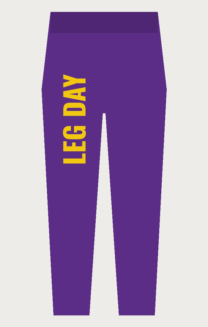 LEG DAY legging paars met groot geel LEG DAY-logo