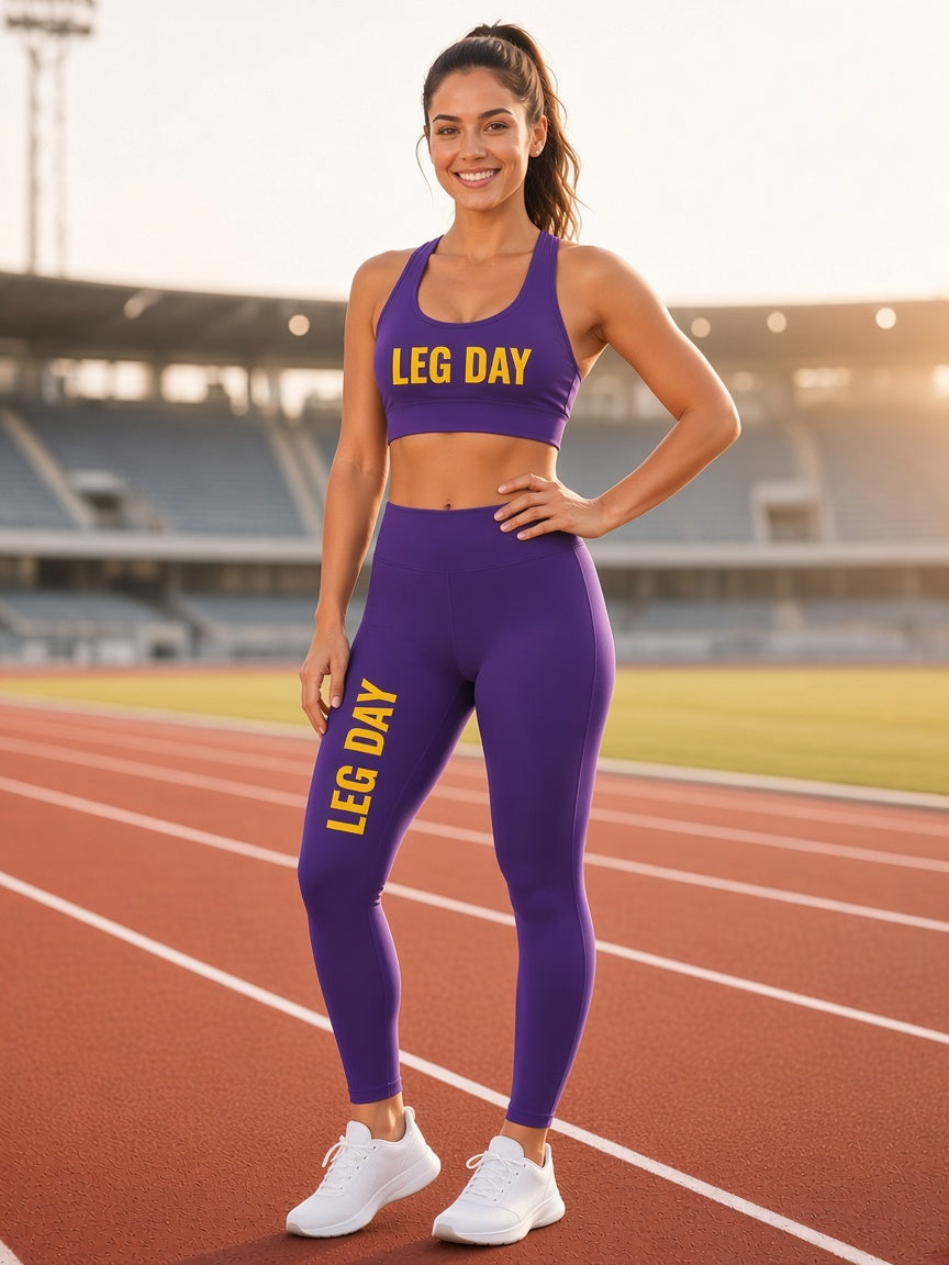 LEG DAY sportbeha paars groot logo gedragen door model