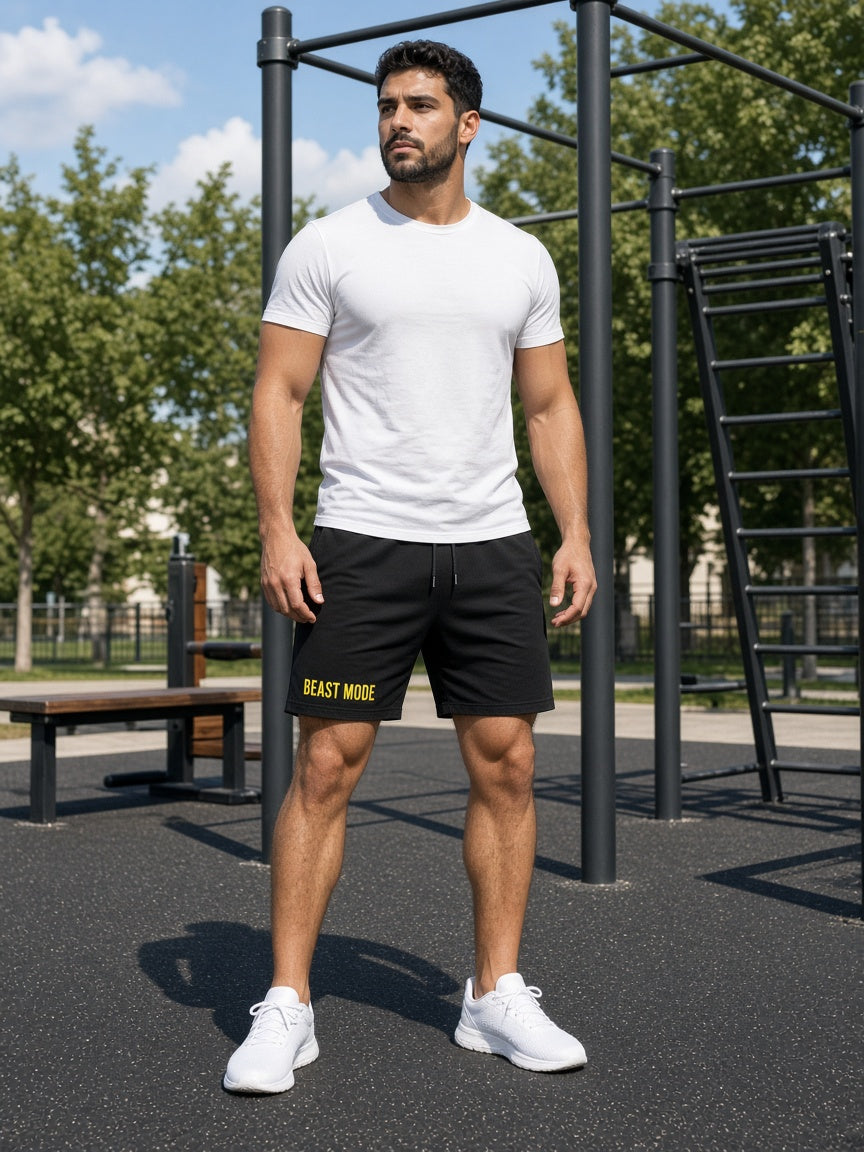 Model draagt de HUMEURIG BEAST MODE Short in zwart met wit shirt (heren)