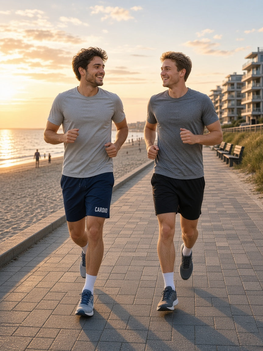 Model draagt de HUMEURIG CARDIO Short in navy met shirt (heren)