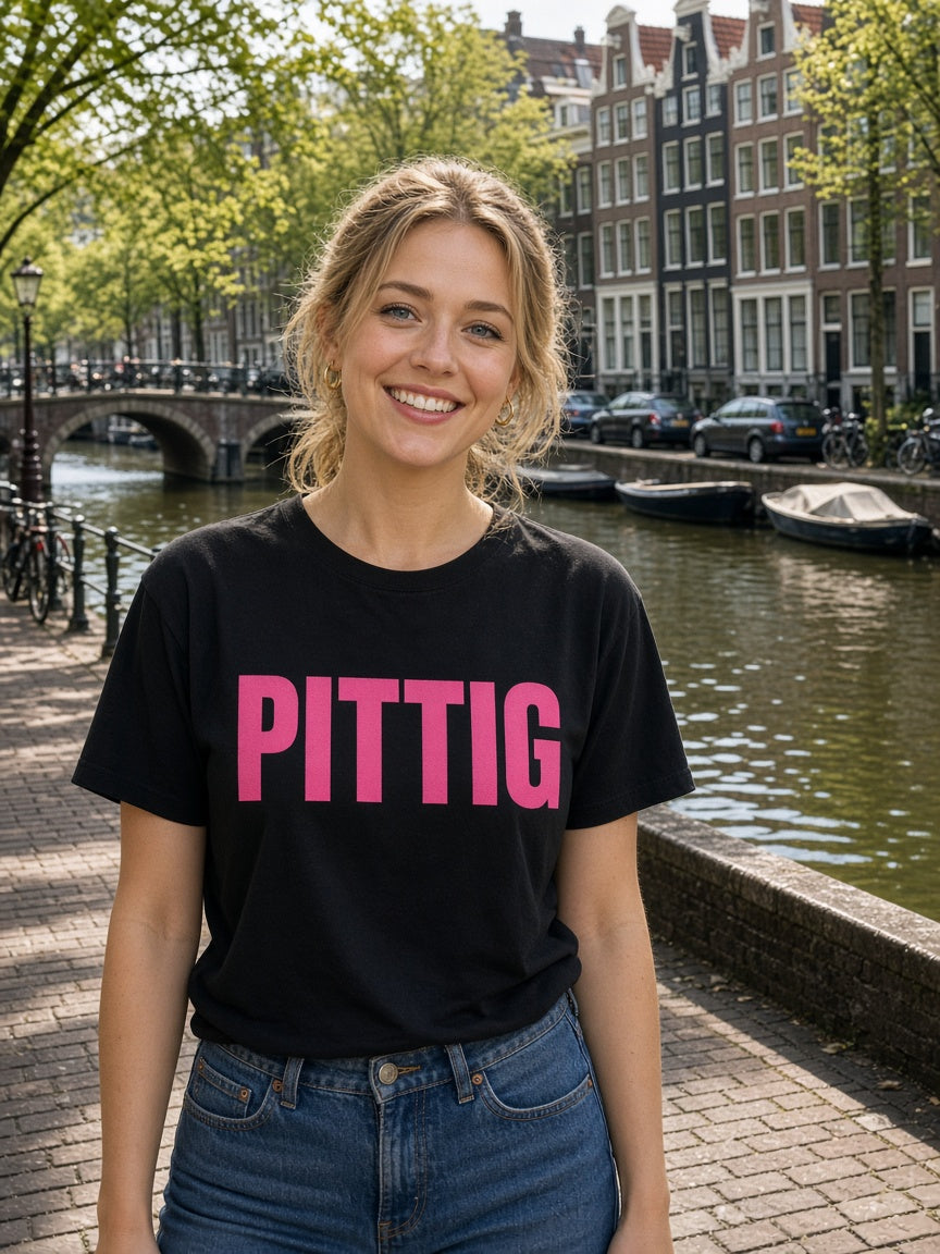 PITTIG T-shirt dames zwart – model draagt HUMEURIG