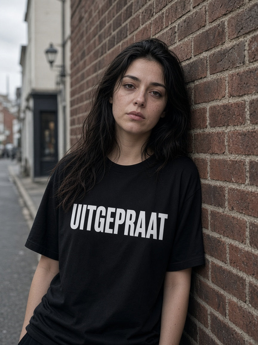 UITGEPRAAT T-shirt dames zwart – model draagt HUMEURIG