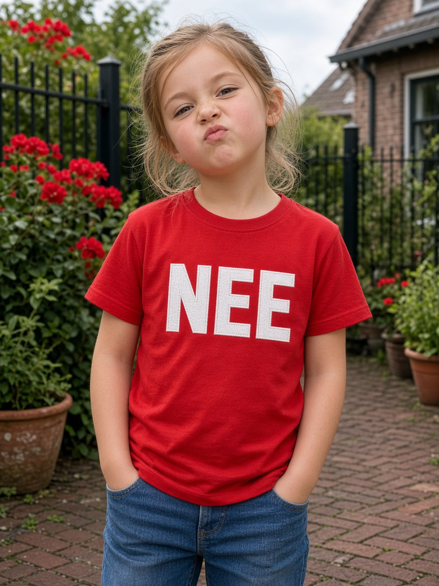Meisje in rood kinder T-shirt met eigen woord NEE geborduurd in wit garen