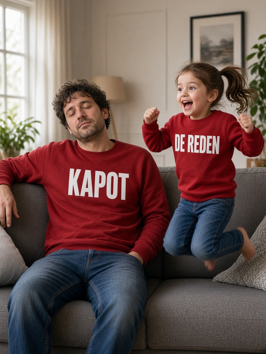Vader in KAPOT trui met dochter in DE REDEN kindertrui (heren)