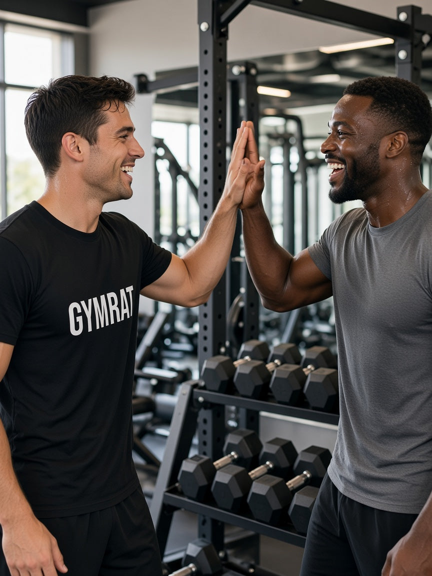 Model draagt de HUMEURIG GYMRAT Tee in Zwart met het woord GYMRAT bedrukt (heren)