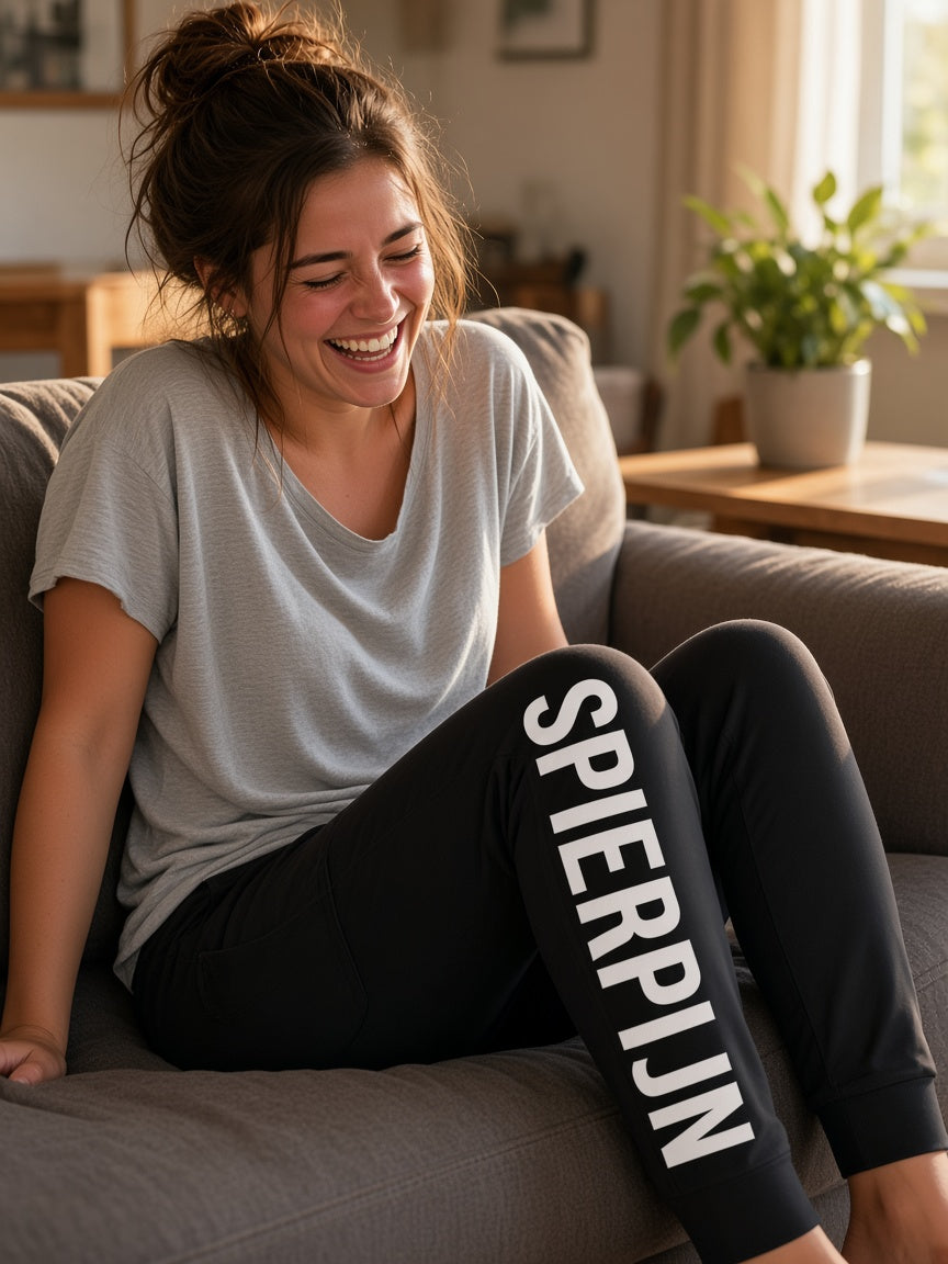 Model draagt de HUMEURIG SPIERPIJN Legging in Zwart met het woord SPIERPIJN all-over geprint