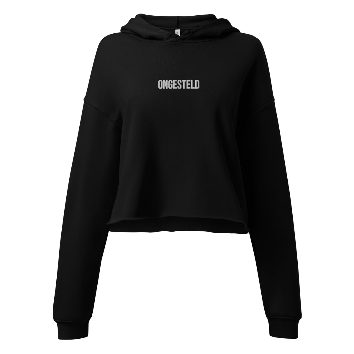 ONGESTELD Cropped Hoodie – Zwart/Wit – productfoto voorkant, ONGESTELD geborduurd